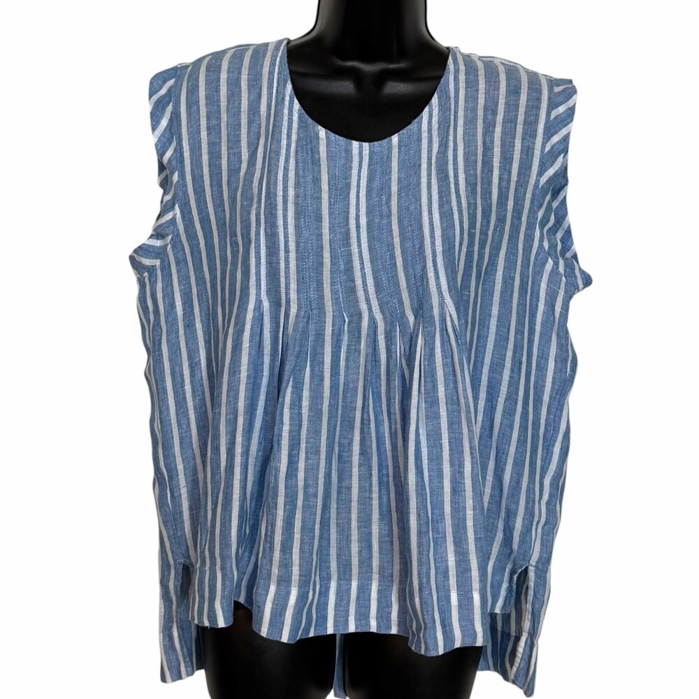 Lands' End 100% Linen Striped Sleeveless Top Blue White High Low Coastal 14P